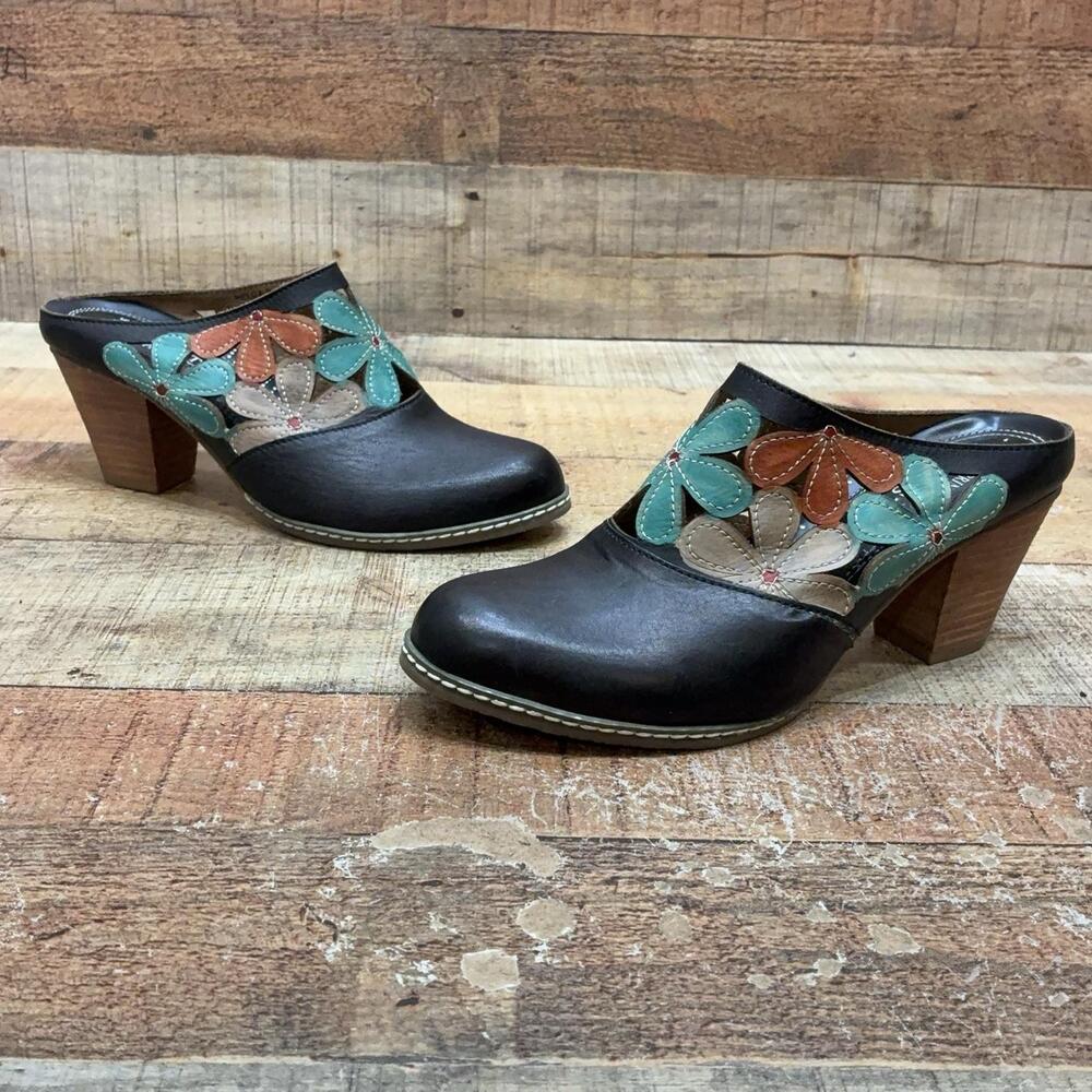 Spring Step L'Artiste Mules Womens Size 7.5 38 Black Leather Floral Heel Shoes